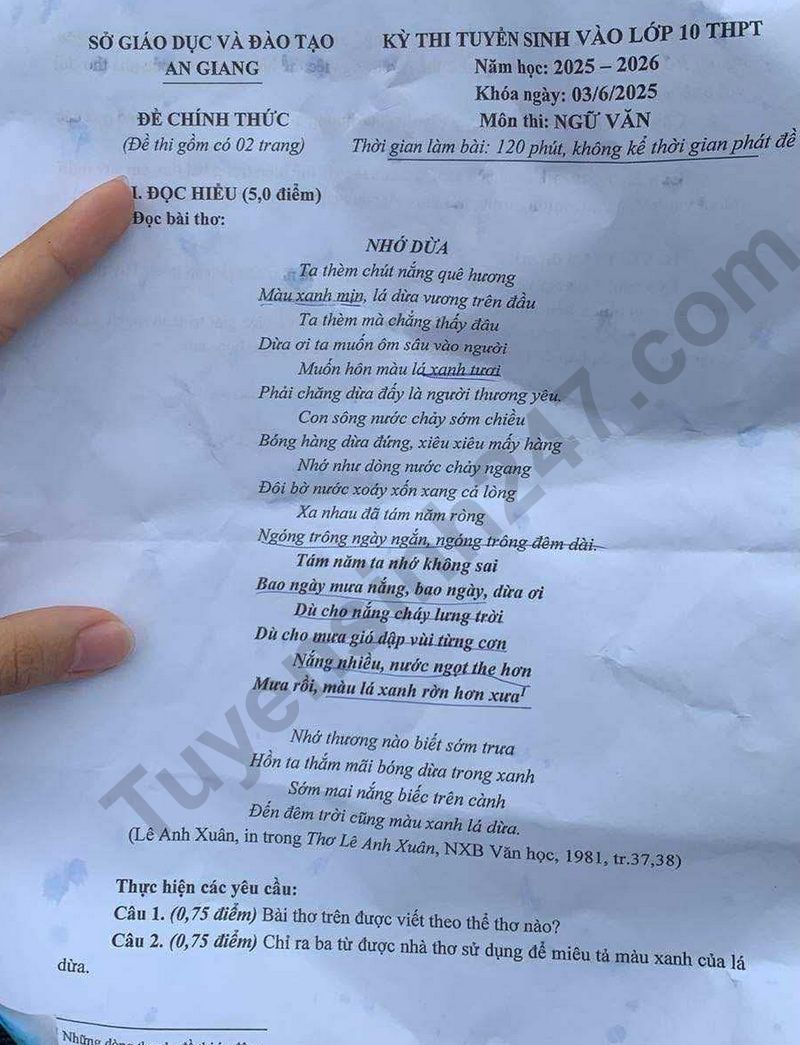 Dap an de thi vao lop 10 mon Van 2025 - An Giang