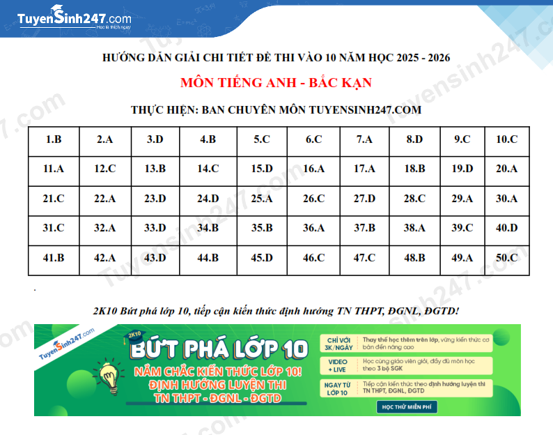 Dap an de thi vao lop 10 mon Anh 2025 - Bac Kan