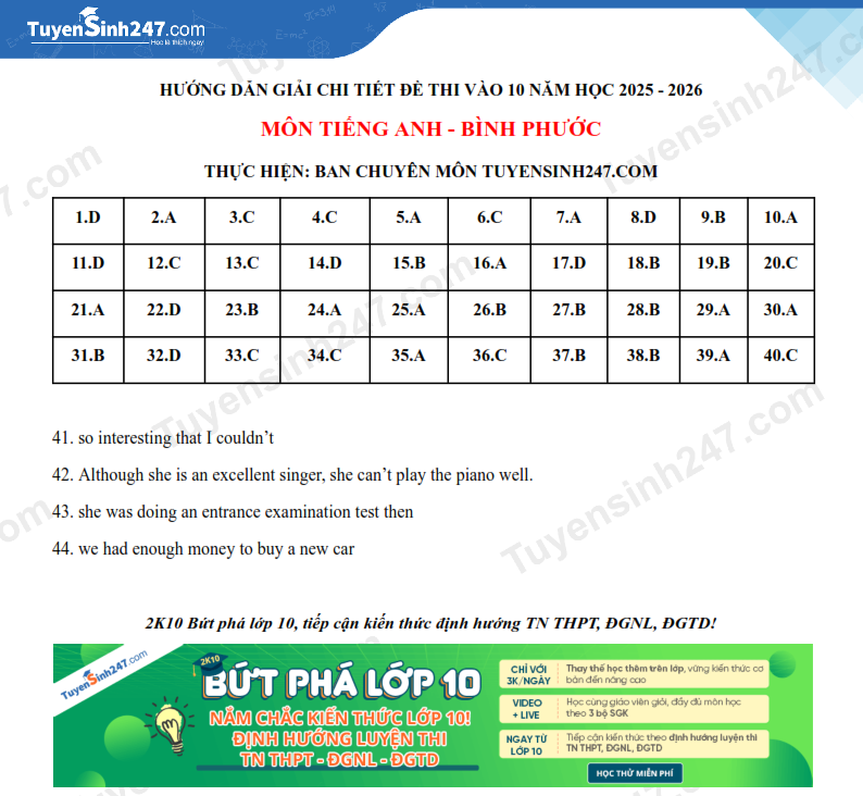 Dap an de thi vao lop 10 mon Anh 2025 - Binh Phuoc