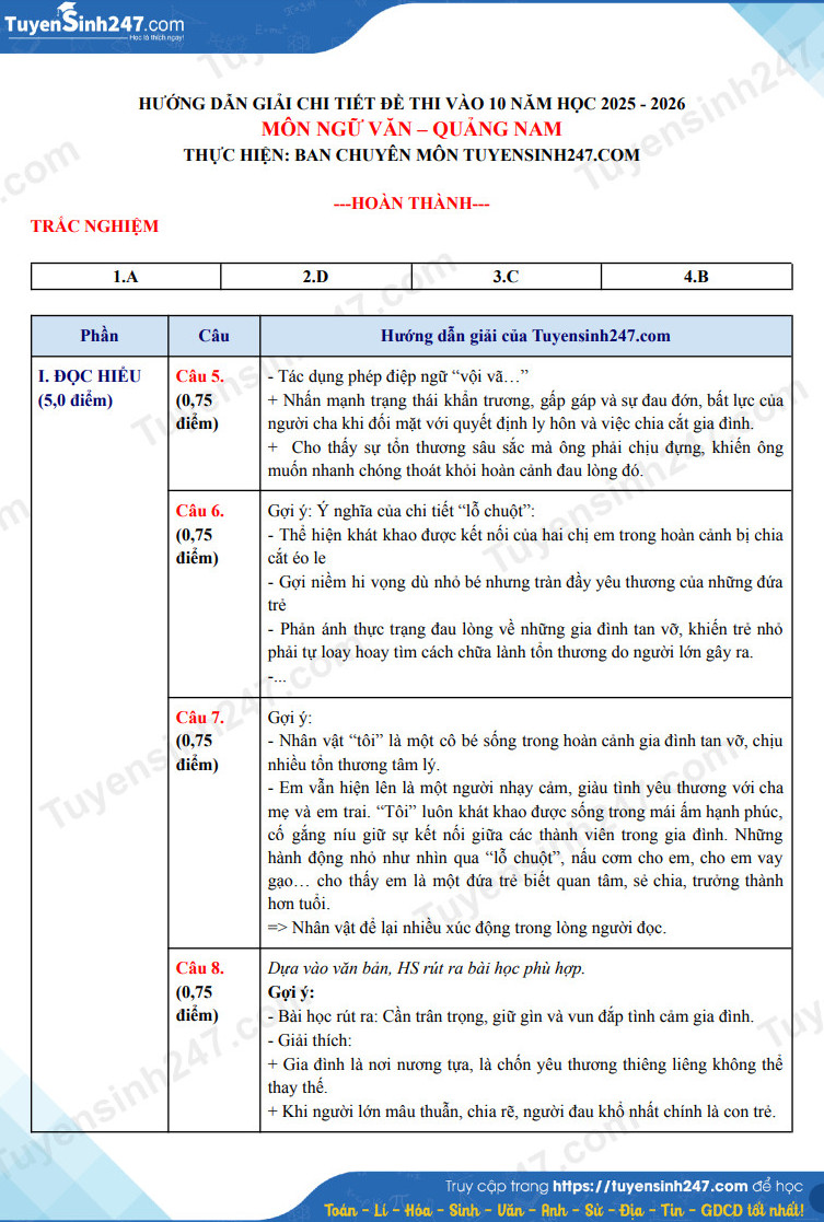 Dap an de thi vao lop 10 mon Van 2025 - Quang Nam