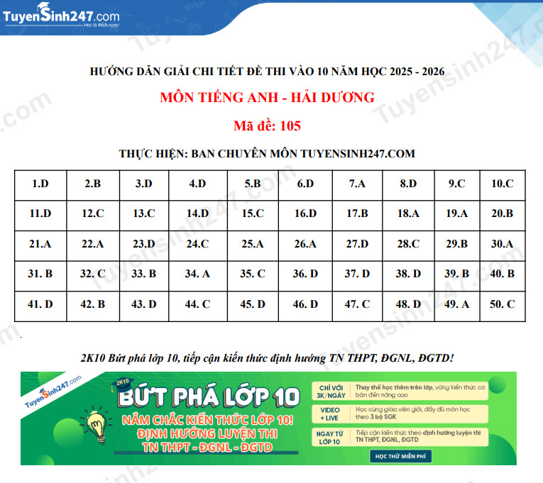 Dap an de thi vao lop 10 mon Anh 2025 - Hai Duong