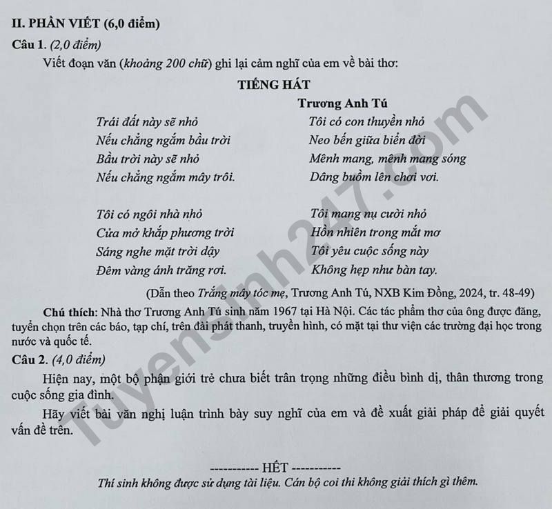 Dap an de thi vao lop 10 mon Van 2025 - Hai Phong