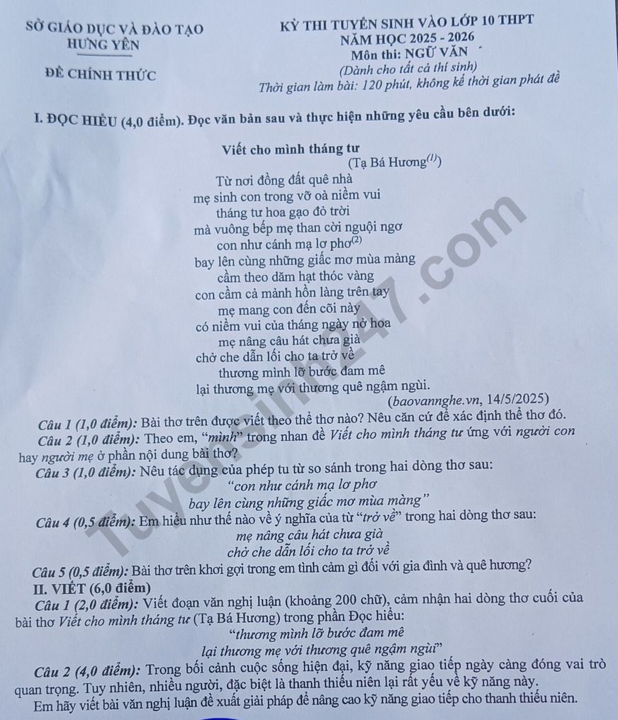 Dap an de thi vao lop 10 mon Van 2025 - Hung Yen