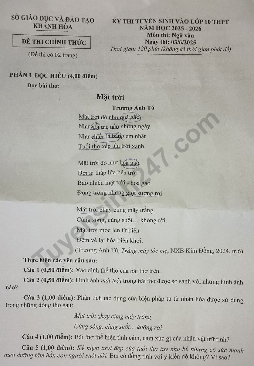 Dap an de thi vao lop 10 mon Van 2025 - Khanh Hoa