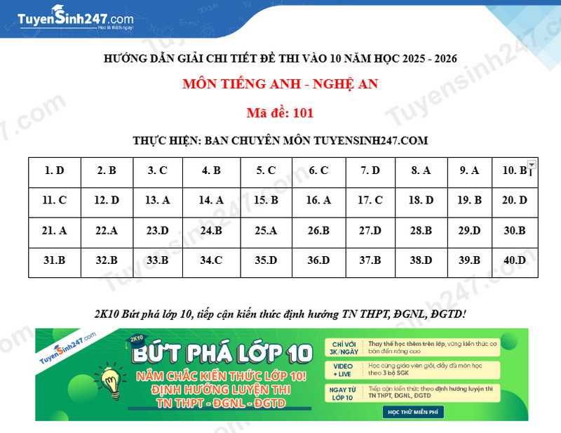 Dap an de thi vao lop 10 mon Anh 2025 - Nghe An