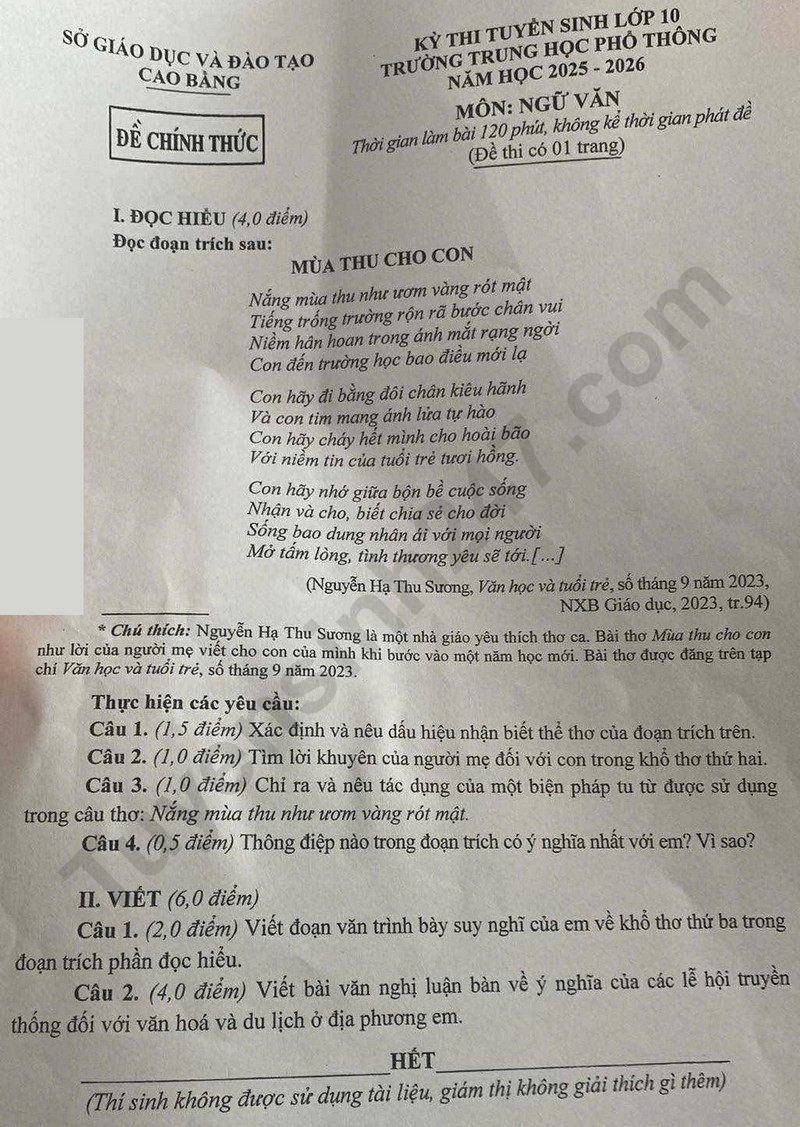 Dap an de thi vao lop 10 mon Van 2025 - Cao Bang