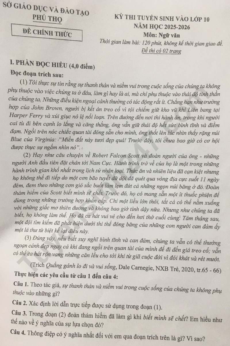 Dap an de thi vao lop 10 mon Van 2025 - Phu Tho
