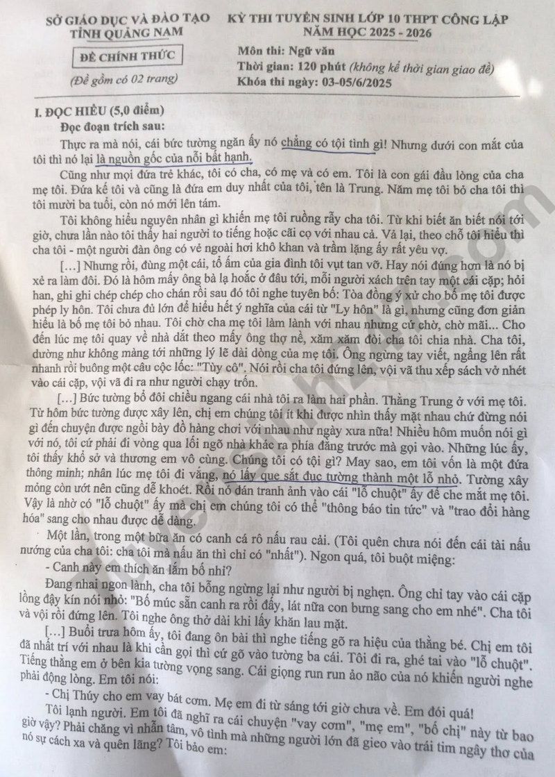 Dap an de thi vao lop 10 mon Van 2025 - Quang Nam