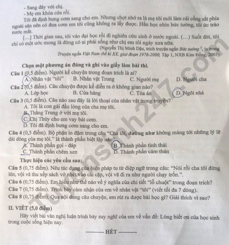 Dap an de thi vao lop 10 mon Van 2025 - Quang Nam