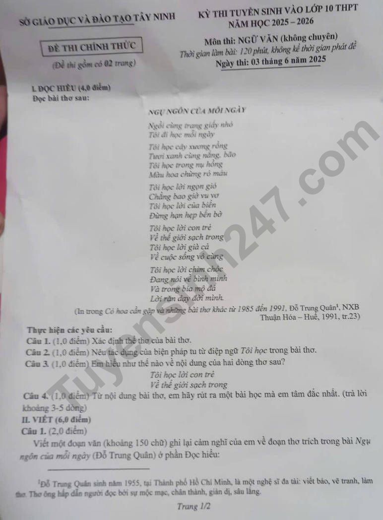 Dap an de thi vao lop 10 mon Van 2025 - Tay Ninh