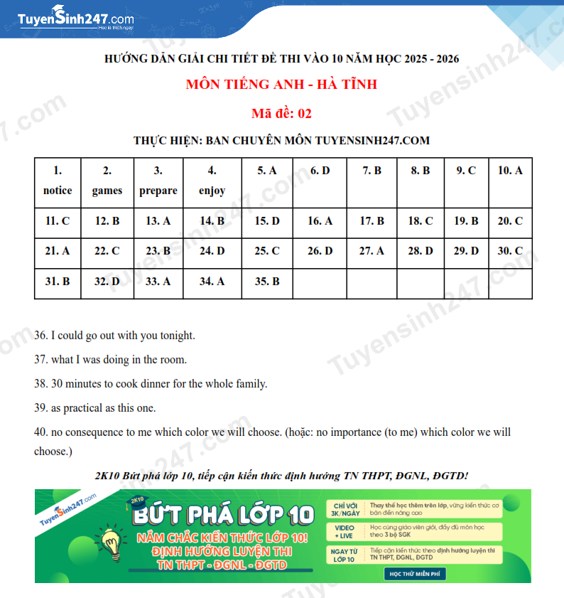 Dap an de thi vao lop 10 mon Anh 2025 - Ha Tinh
