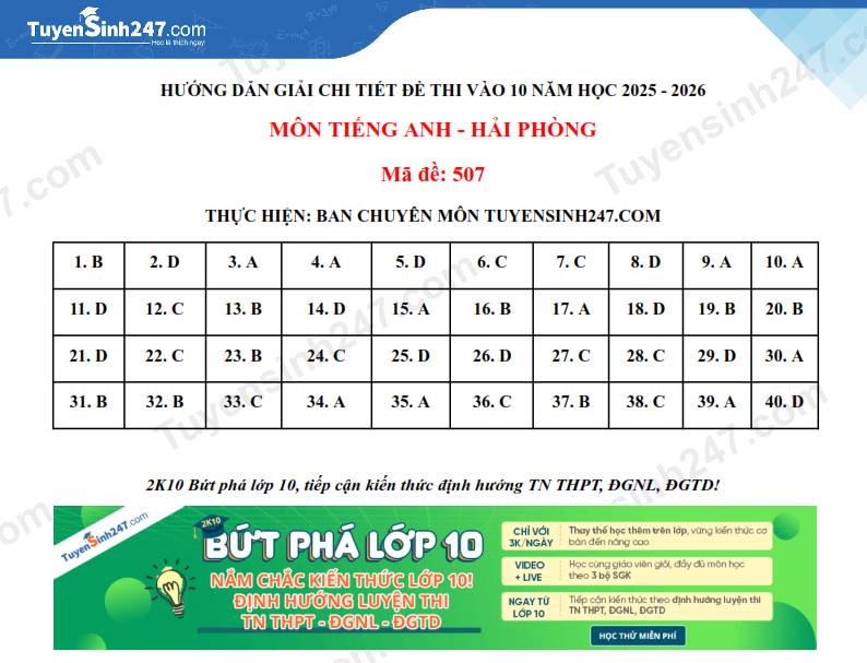 Dap an de thi vao lop 10 mon Anh 2025 - Hai Phong