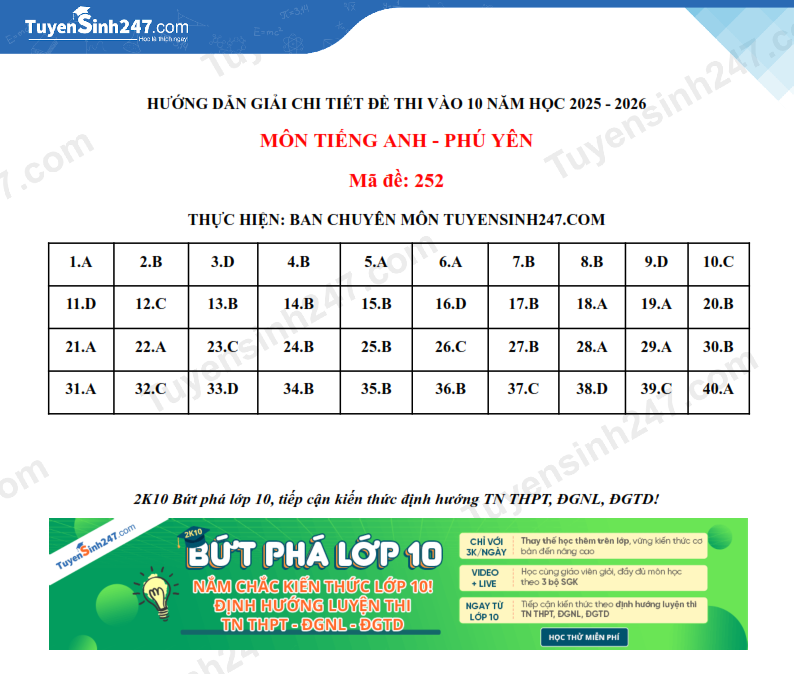 Dap an de thi vao lop 10 mon Anh 2025 - Phu Yen