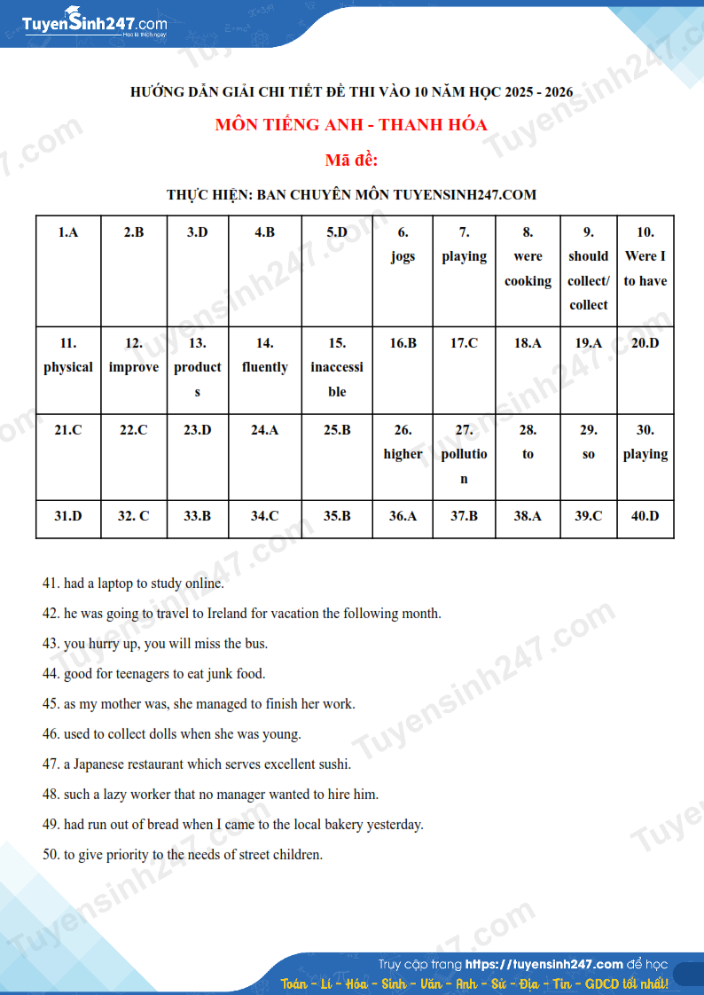 Dap an de thi vao lop 10 mon Anh 2025 - Thanh Hoa