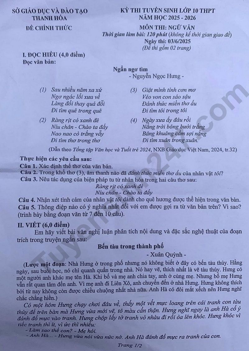 Dap an de thi vao lop 10 mon Van 2025 - Thanh Hoa