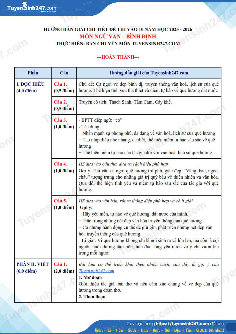 Dap an de thi vao lop 10 mon Van 2025 - Binh Dinh
