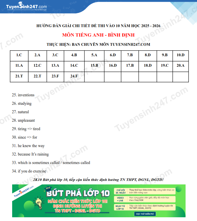 Dap an de thi vao lop 10 mon Anh 2025 - Binh Dinh