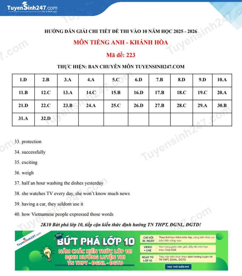 Dap an de thi vao lop 10 mon Anh 2025 - Khanh Hoa