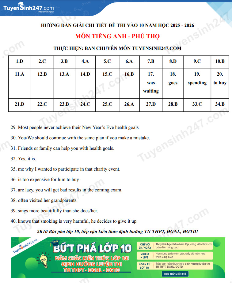 Dap an de thi vao lop 10 mon Anh 2025 - Phu Tho
