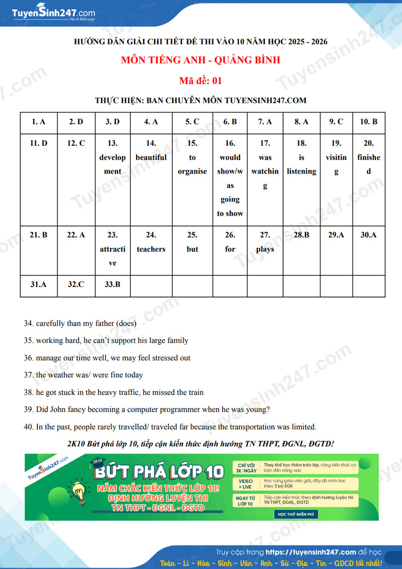 Dap an de thi vao lop 10 mon Anh 2025 - Quang Binh