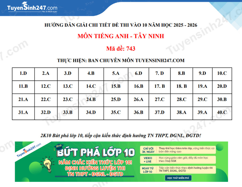 Dap an de thi vao lop 10 mon Anh 2025 - Tay Ninh