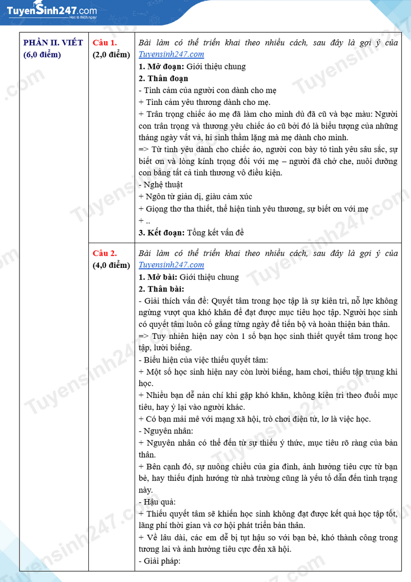 Dap an de thi vao lop 10 mon Van 2025 - Thai Nguyen