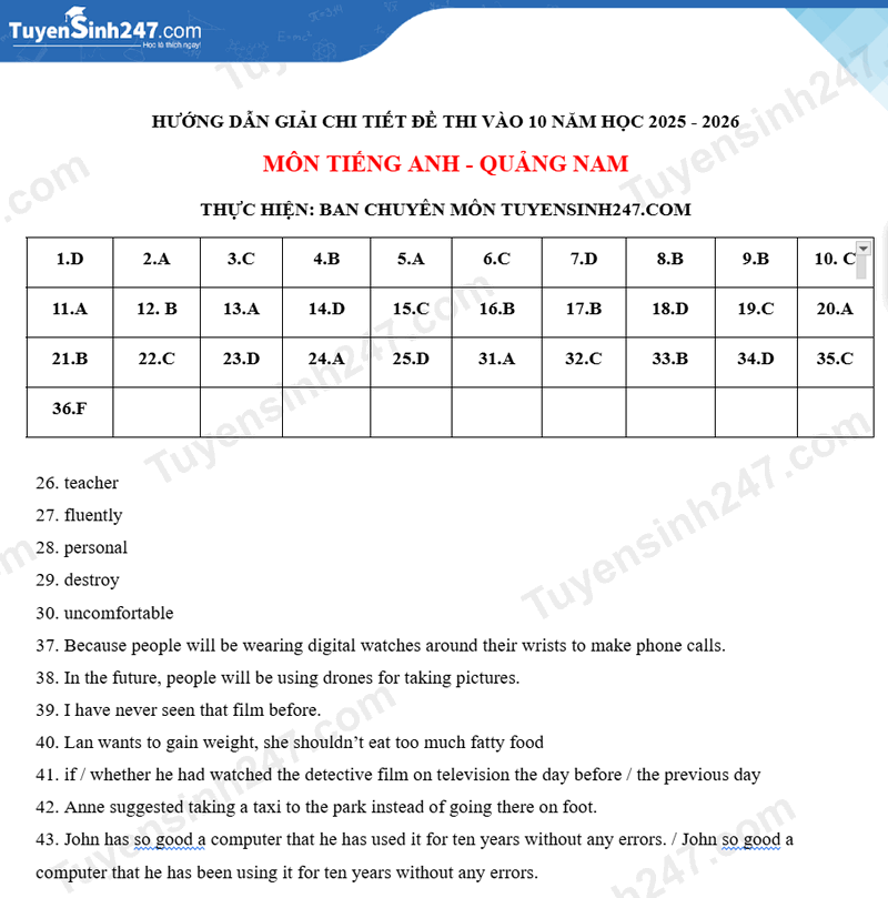 Dap an de thi vao lop 10 mon Anh 2025 - Quang Nam