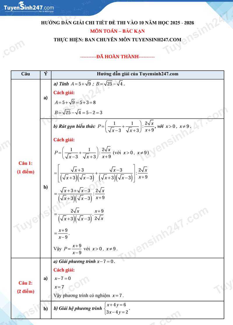 Dap an de thi vao lop 10 mon Toan 2025 - Bac Kan