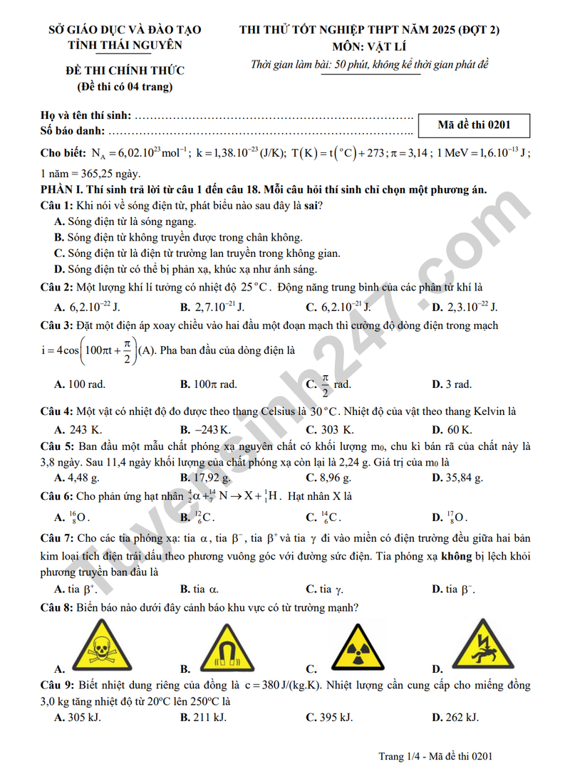 De thi thu tot nghiep THPT 2025 lan 2 mon Ly - So GD&DT Thai Nguyen