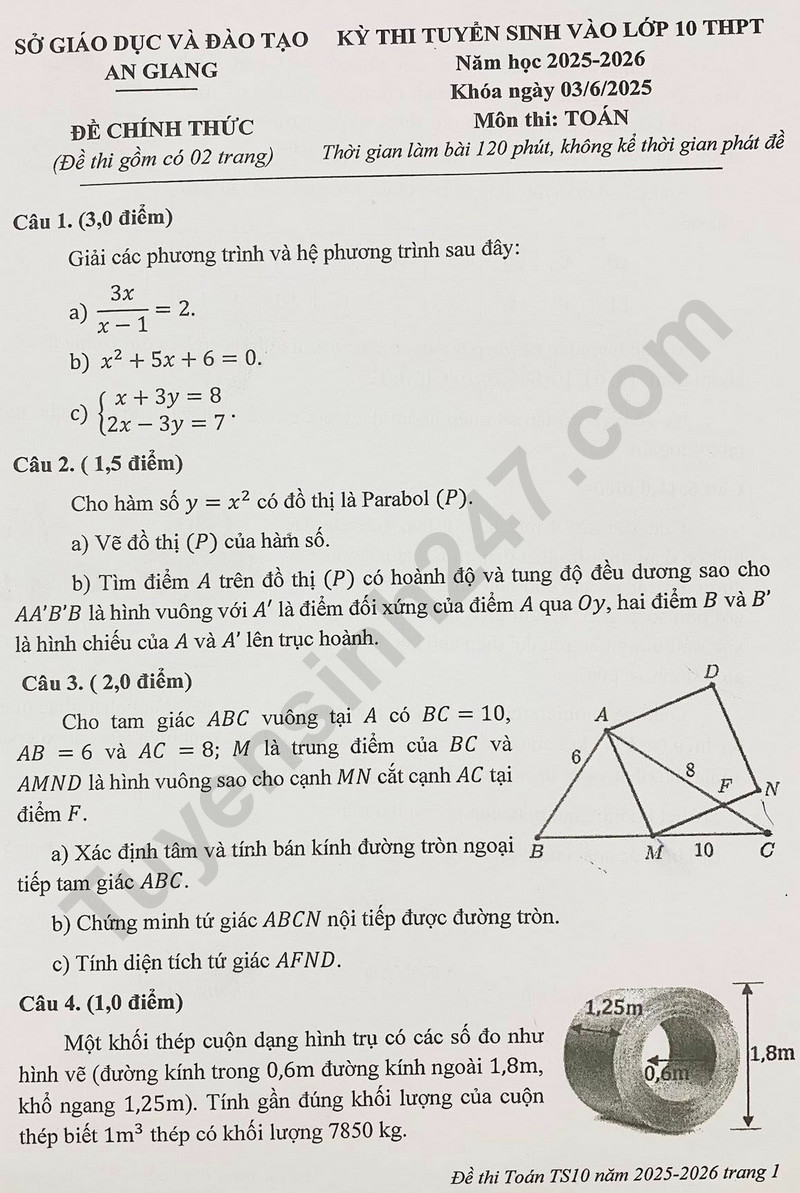 Dap an de thi vao lop 10 mon Toan 2025 - An Giang