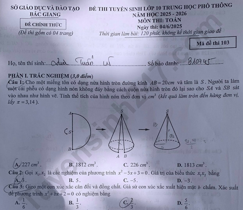 Dap an de thi vao lop 10 mon Toan 2025 - Bac Giang