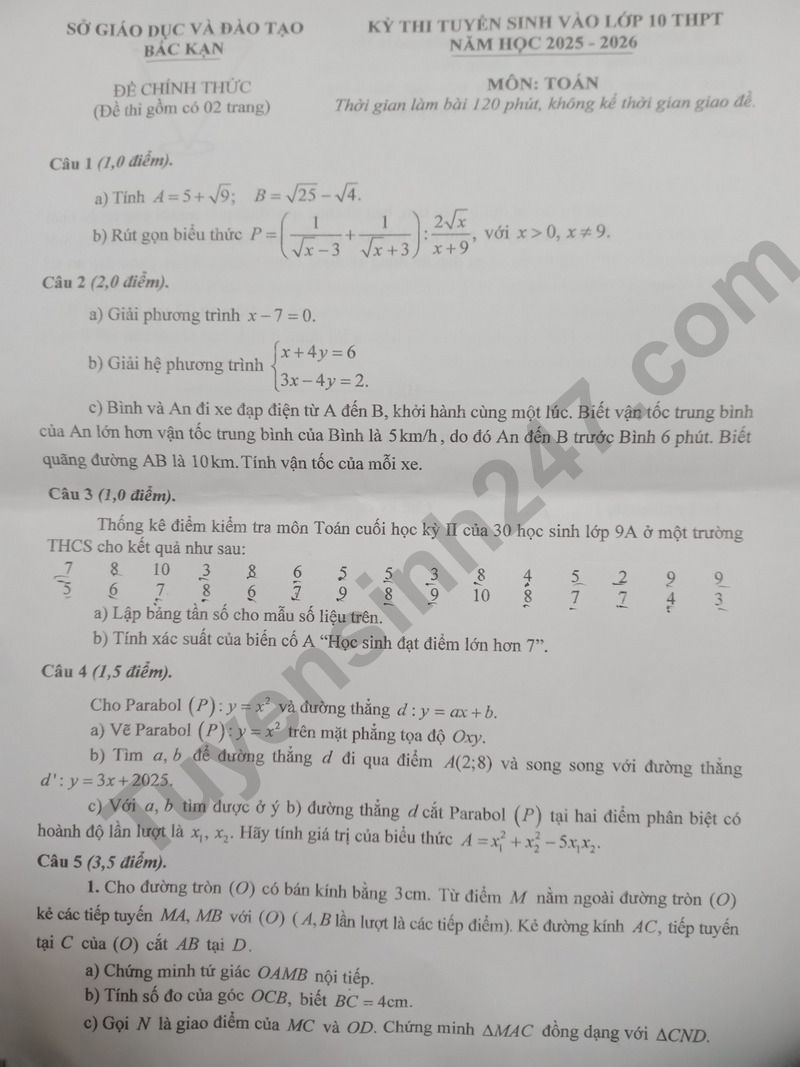 Dap an de thi vao lop 10 mon Toan 2025 - Bac Kan