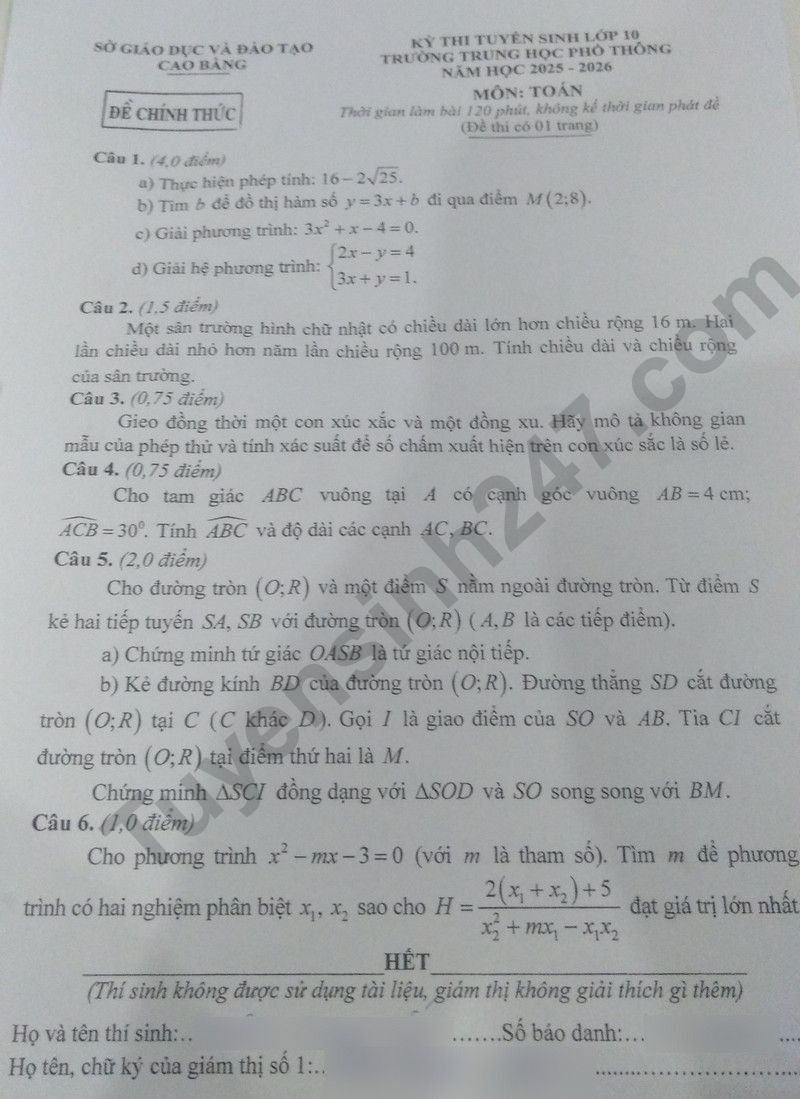 Dap an de thi vao lop 10 mon Toan 2025 - Cao Bang