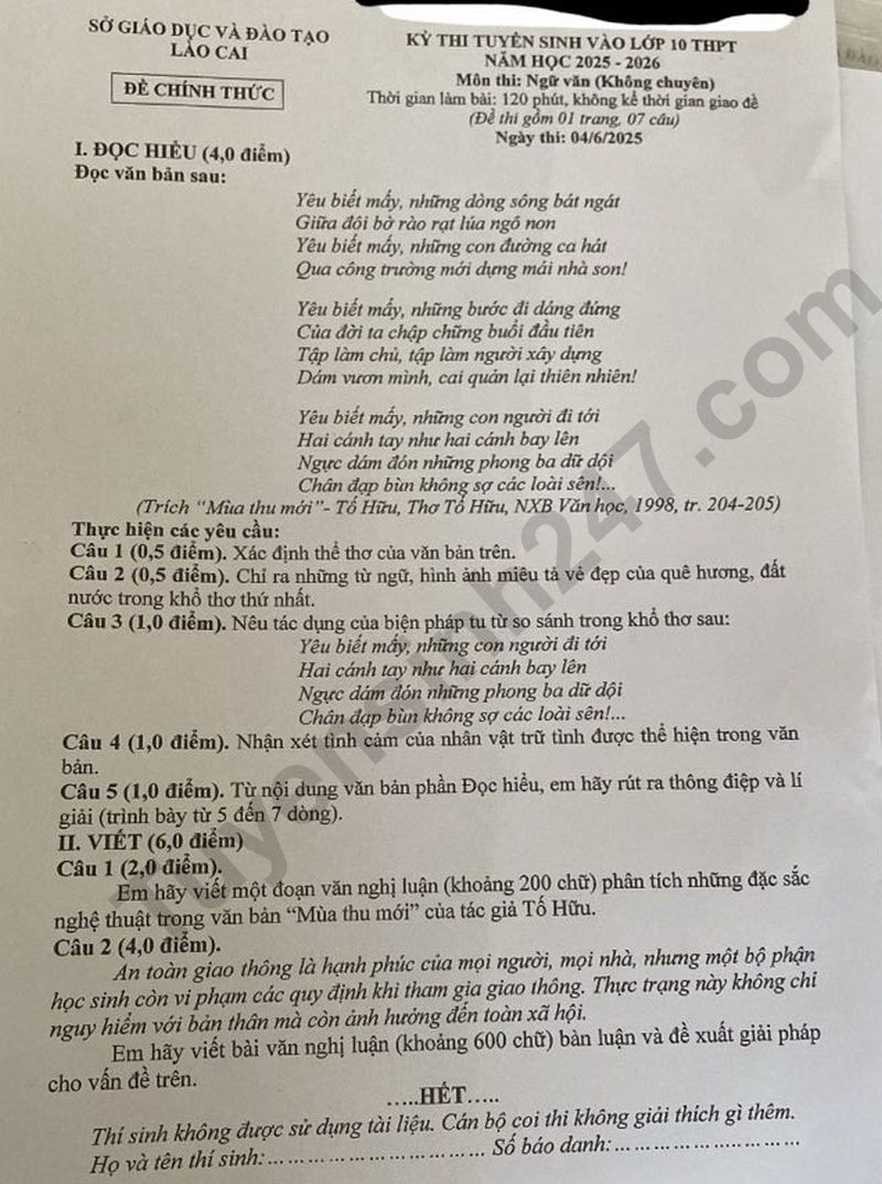 Dap an de thi vao lop 10 mon Van 2025 - Lao Cai