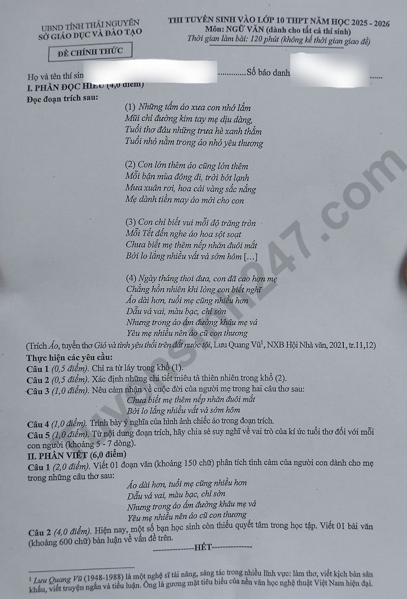 Dap an de thi vao lop 10 mon Van 2025 - Thai Nguyen