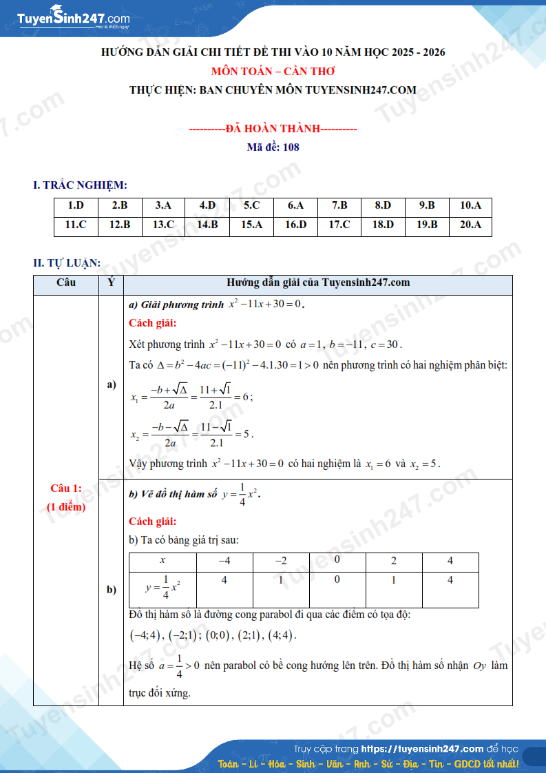 Dap an de thi vao lop 10 mon Toan 2025 - Can Tho