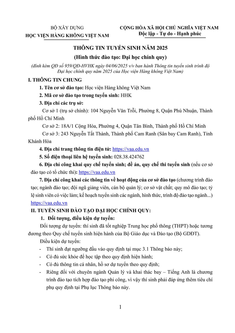 Thong tin tuyen sinh Hoc vien Hang khong Viet Nam nam 2025