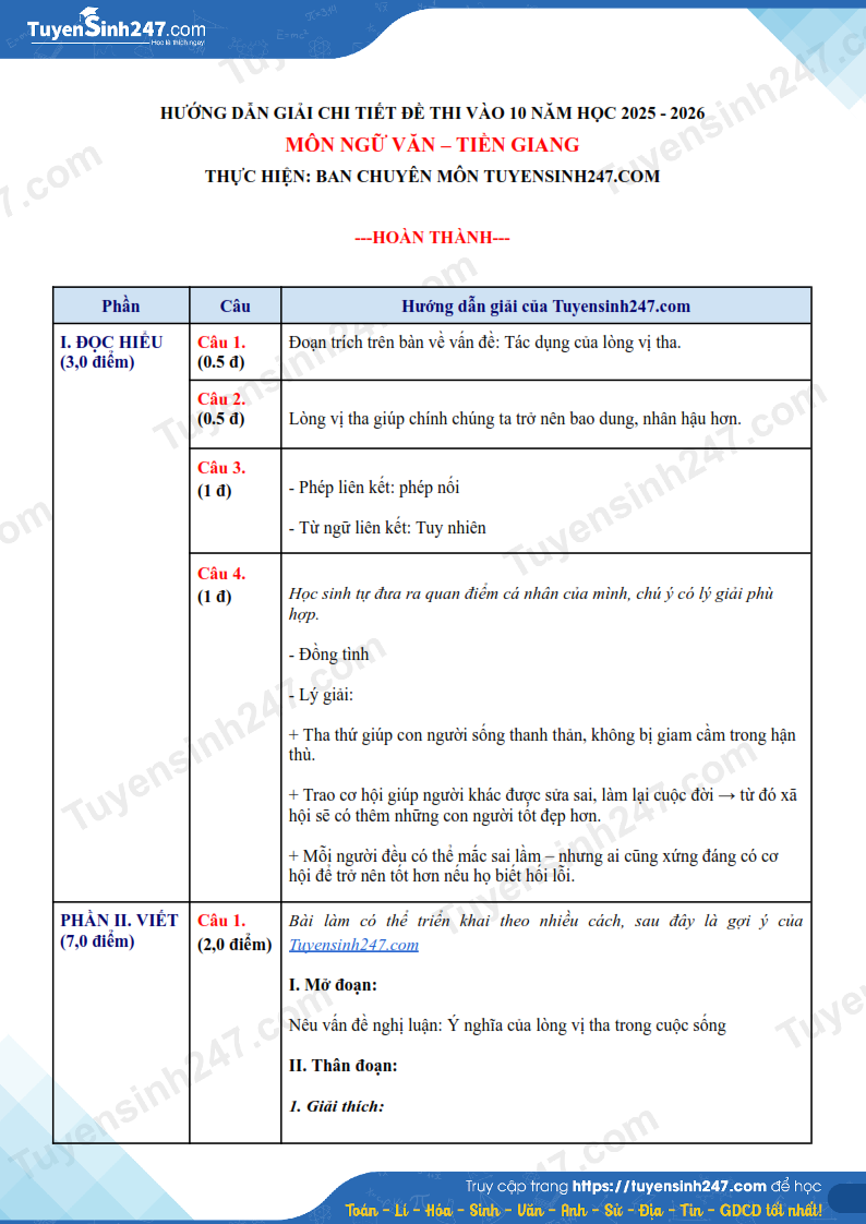Dap an de thi vao lop 10 mon Van 2025 - Tien Giang