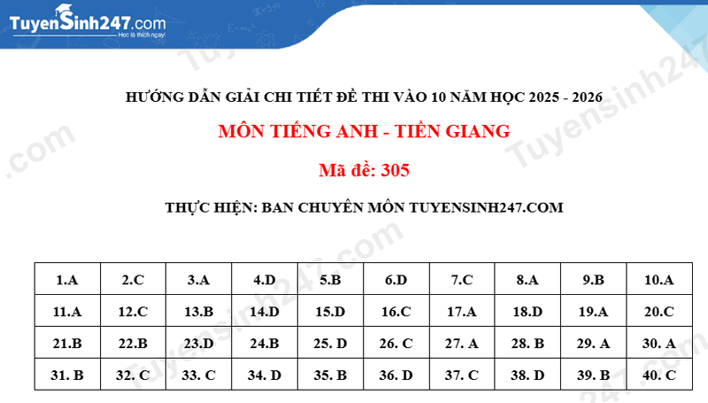 Dap an de thi vao lop 10 mon Anh 2025 - Tien Giang