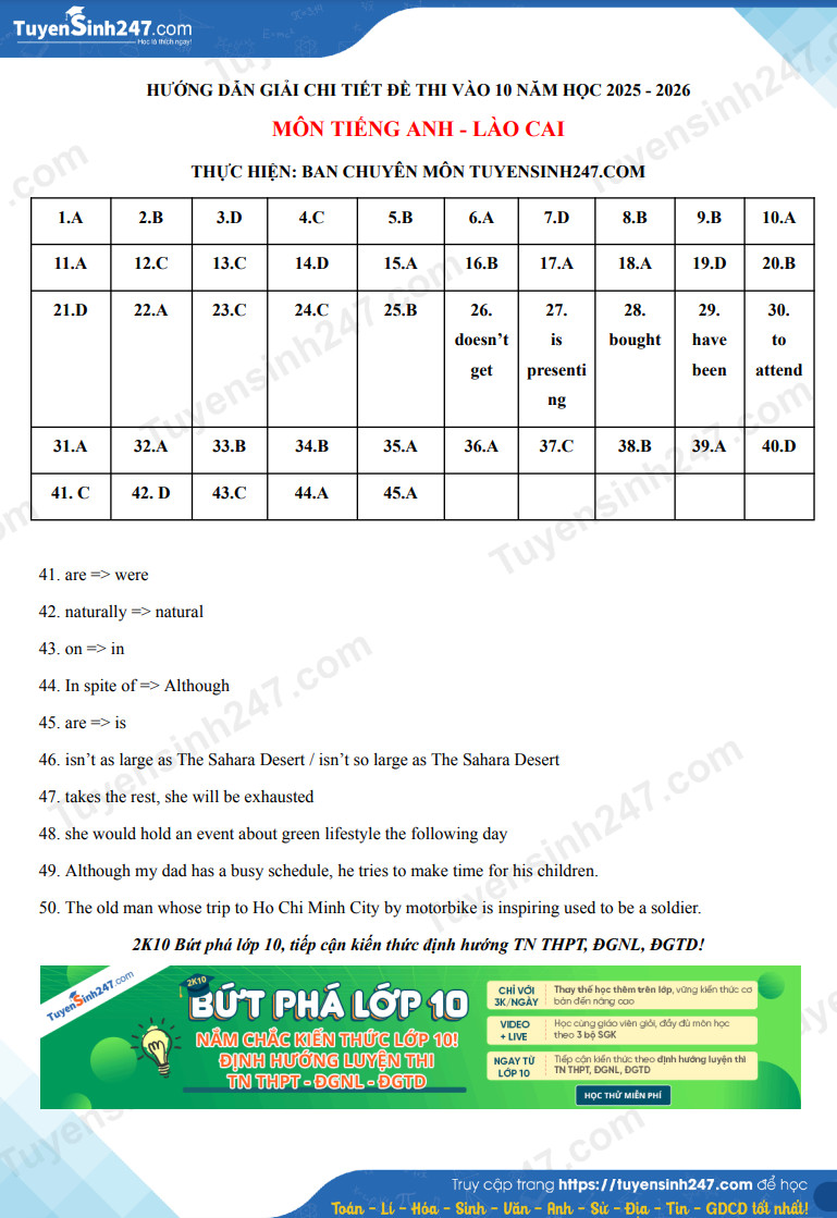 Dap an de thi vao lop 10 mon Anh 2025 - Lao Cai