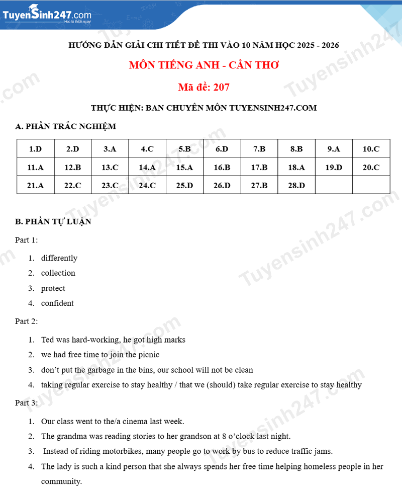 Dap an de thi vao lop 10 mon Anh 2025 - Can Tho