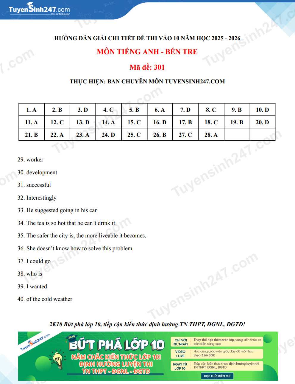Dap an de thi vao lop 10 mon Anh 2025 - Ben Tre