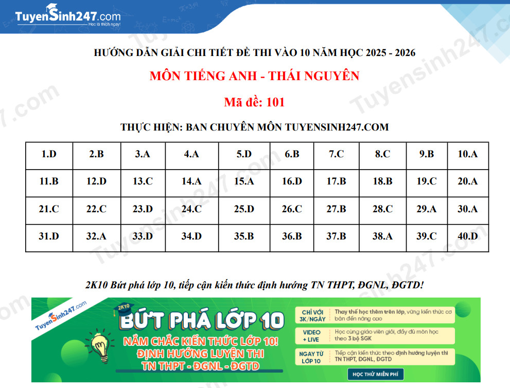 Dap an de thi vao lop 10 mon Anh 2025 - Thai Nguyen