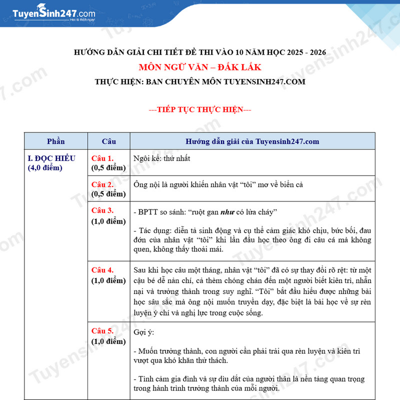 Dap an de thi vao lop 10 mon Van 2025 - Dak Lak
