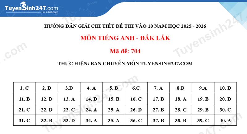Dap an de thi vao lop 10 mon Anh 2025 - Dak Lak