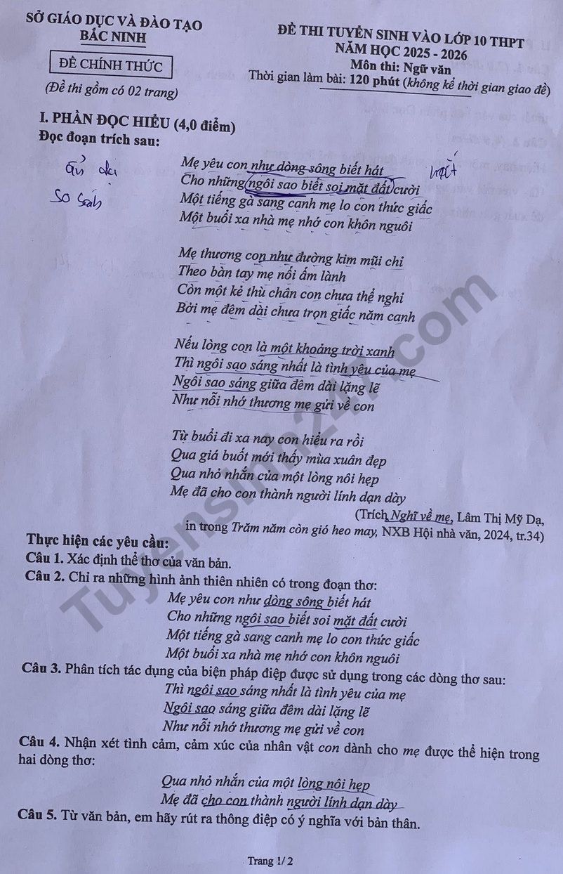 Dap an de thi vao lop 10 mon Van 2025 - Bac Ninh