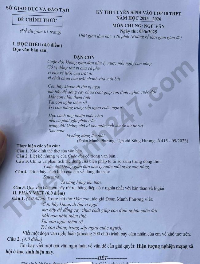 Dap an de thi vao lop 10 mon Van 2025 - Dak Nong
