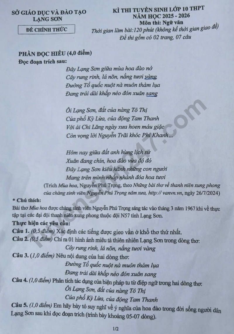 Dap an de thi vao lop 10 mon Van 2025 - Lang Son