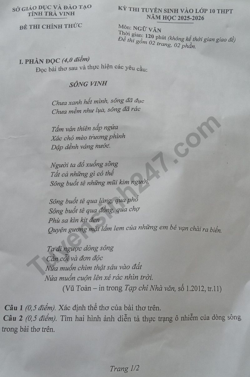 Dap an de thi vao lop 10 mon Van 2025 - Tra Vinh