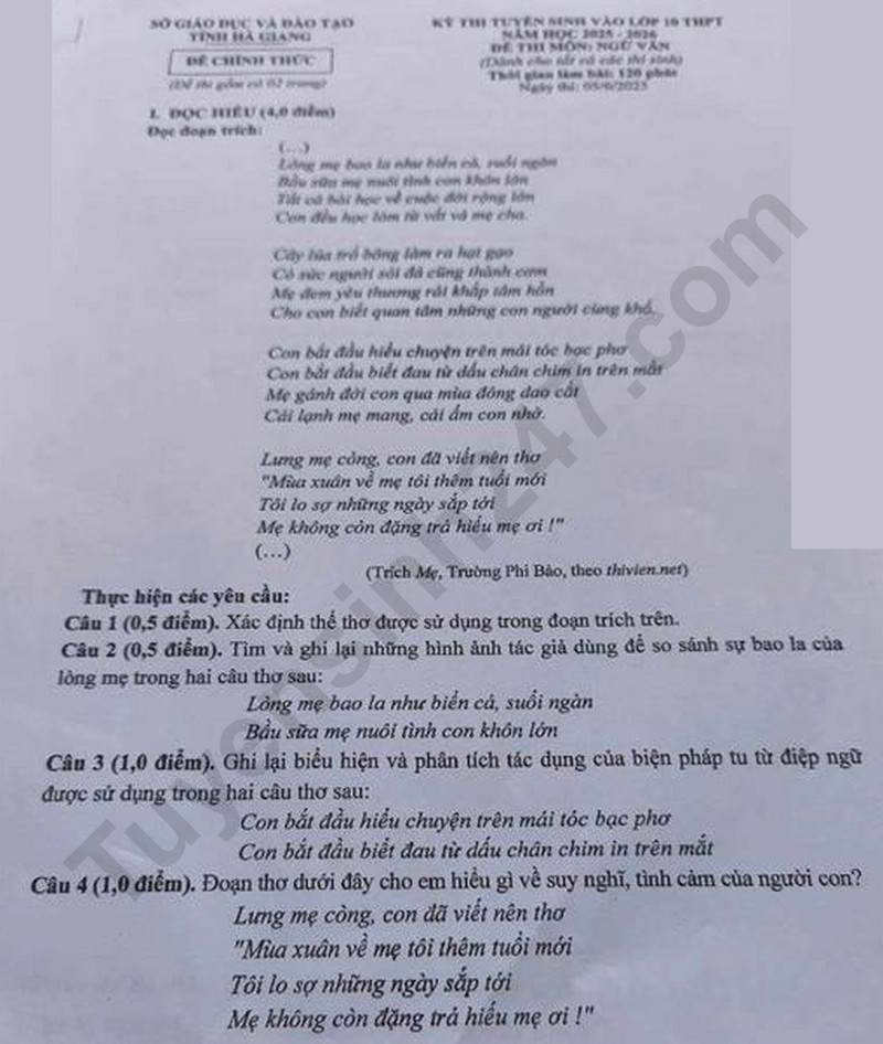 Dap an de thi vao lop 10 mon Van 2025 - Ha Giang